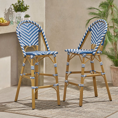 Outdoor Rattan French Barstool Set,, Bamboo, Seat Height - Navy Blue / White Noble House