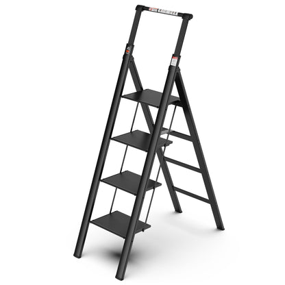 4 Step Ladder, Retractable Handgrip Folding Step Stool With Anti-Slip Wide Pedal, Aluminum Step Ladders 4 Steps, 300Lbs Safety Household Ladder - Black