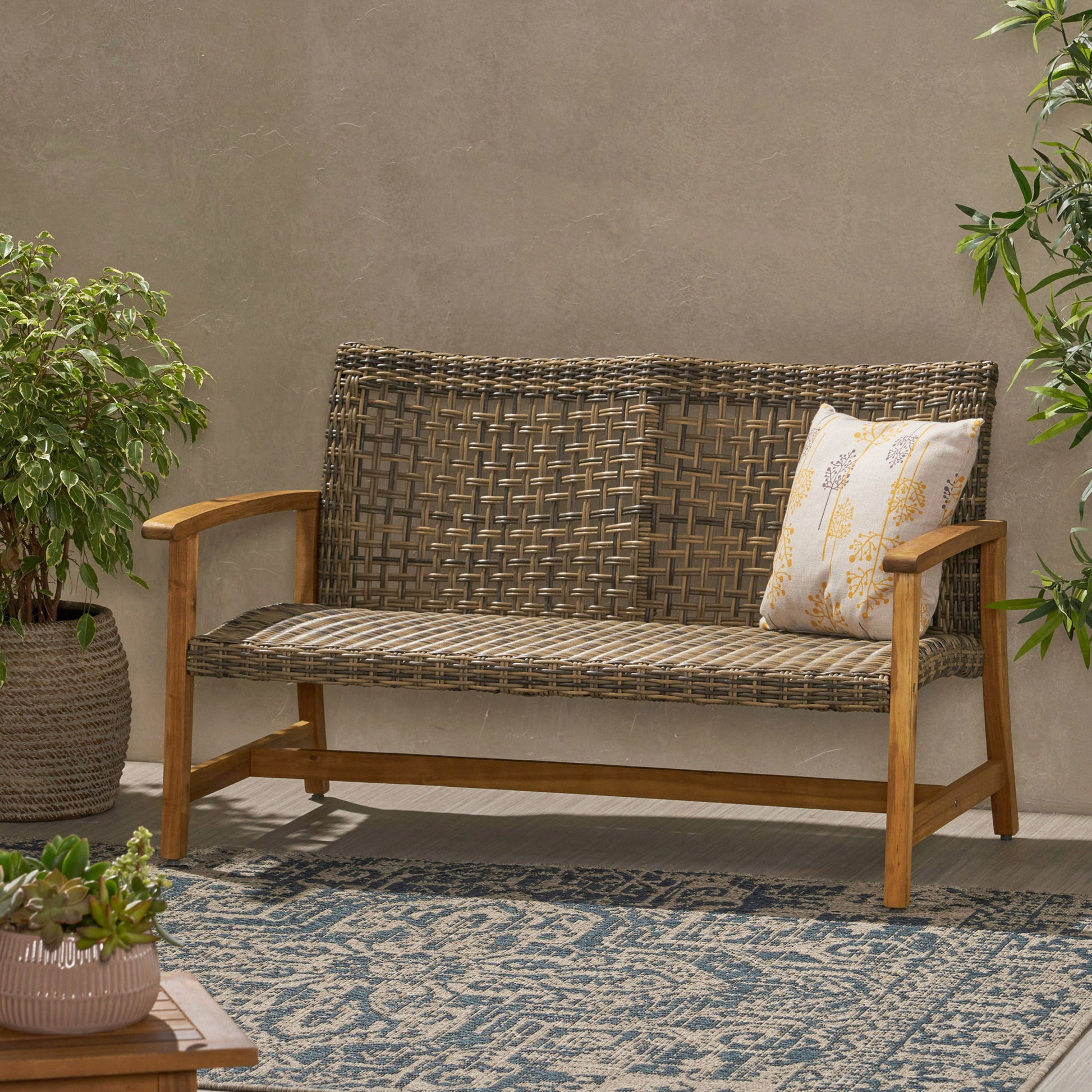 Outdoor Rattan Loveseat With Wooden Legs - Brown Noble House