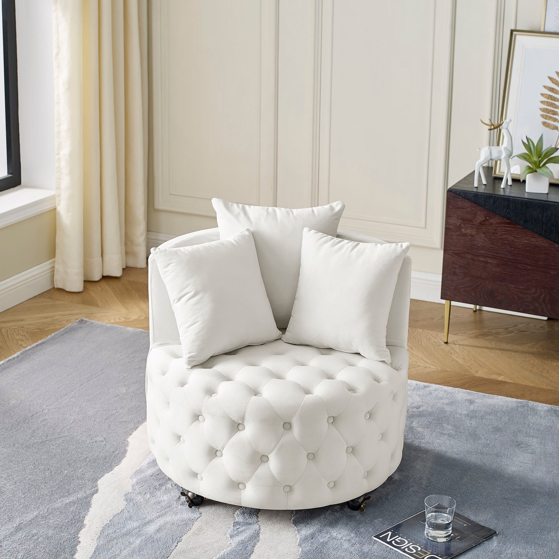 Modern Upholstered Swivel Chair With Button Tufted Design And Movable Wheels Home Essentials