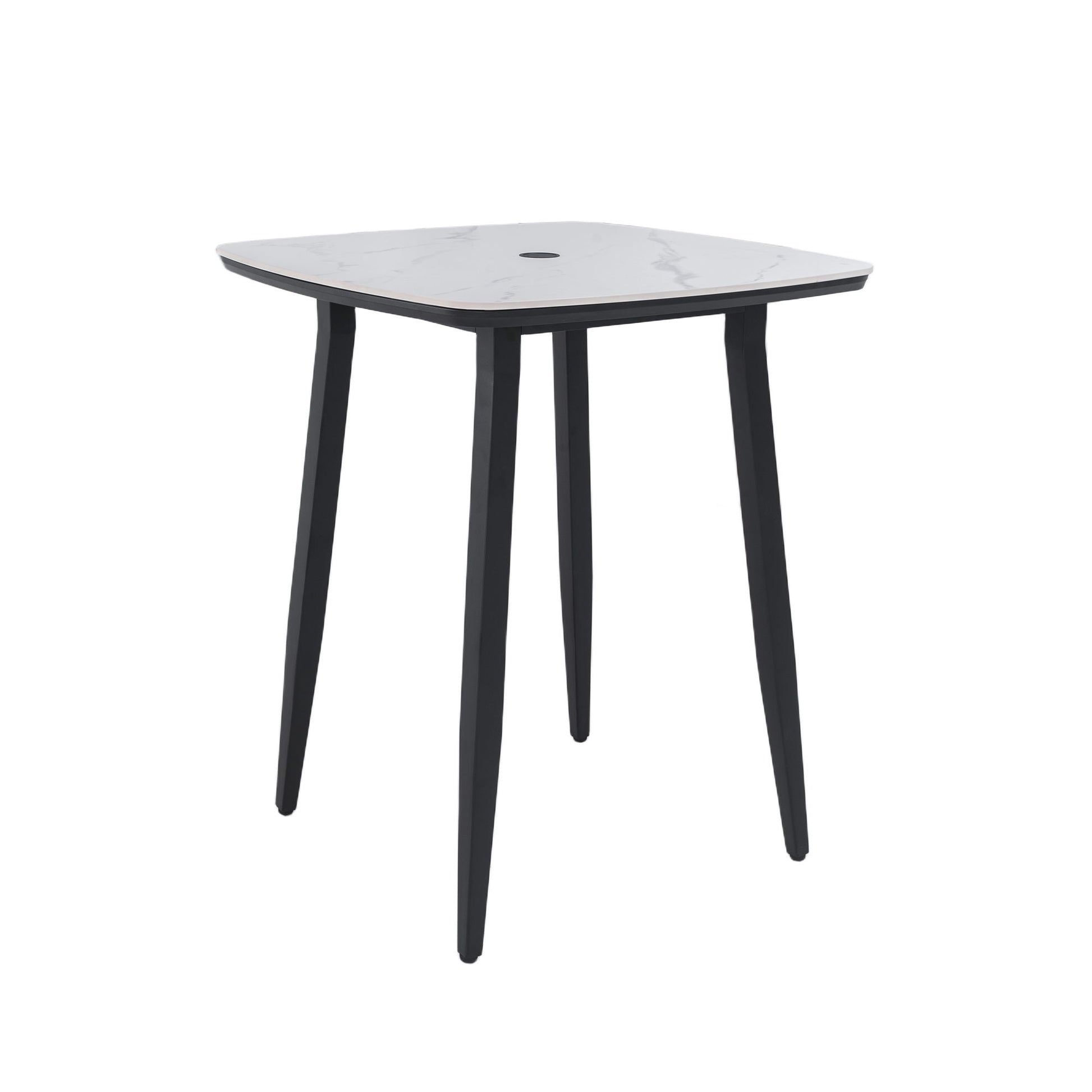 Modern Outdoor Bar Table, Rounded Square Sintered Stone Top With Umbrella Hole, Rust Free Frame, Weatherproof - Ember Black / White Life Outside