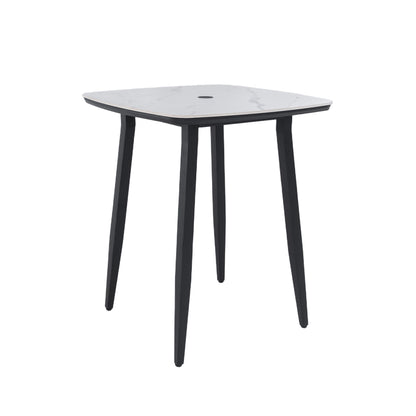 Modern Outdoor Bar Table, Rounded Square Sintered Stone Top With Umbrella Hole, Rust Free Frame, Weatherproof - Ember Black / White Life Outside