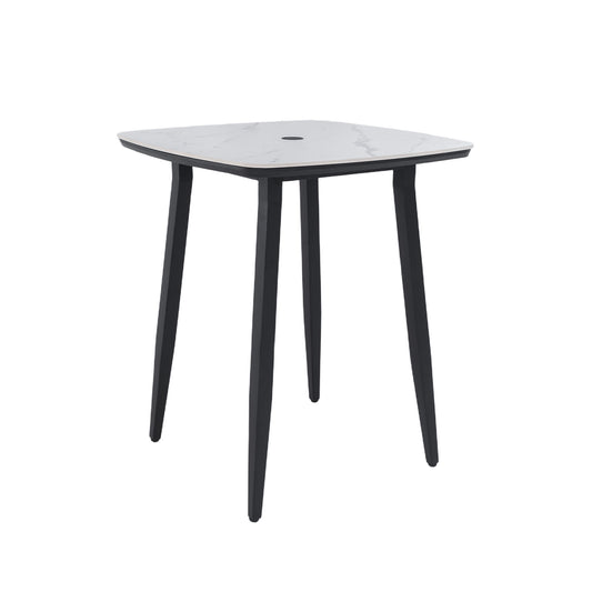 Modern Outdoor Bar Table, Rounded Square Sintered Stone Top With Umbrella Hole, Rust Free Frame, Weatherproof - Ember Black / White Life Outside