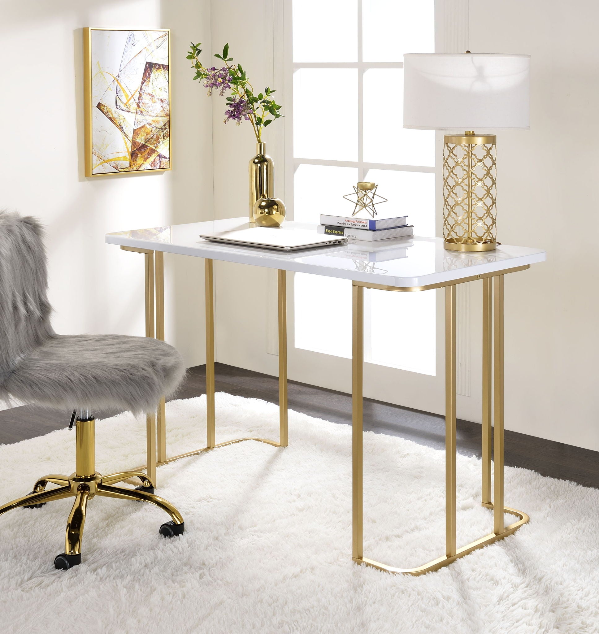 Estie - Writing Desk - White / Gold Acme