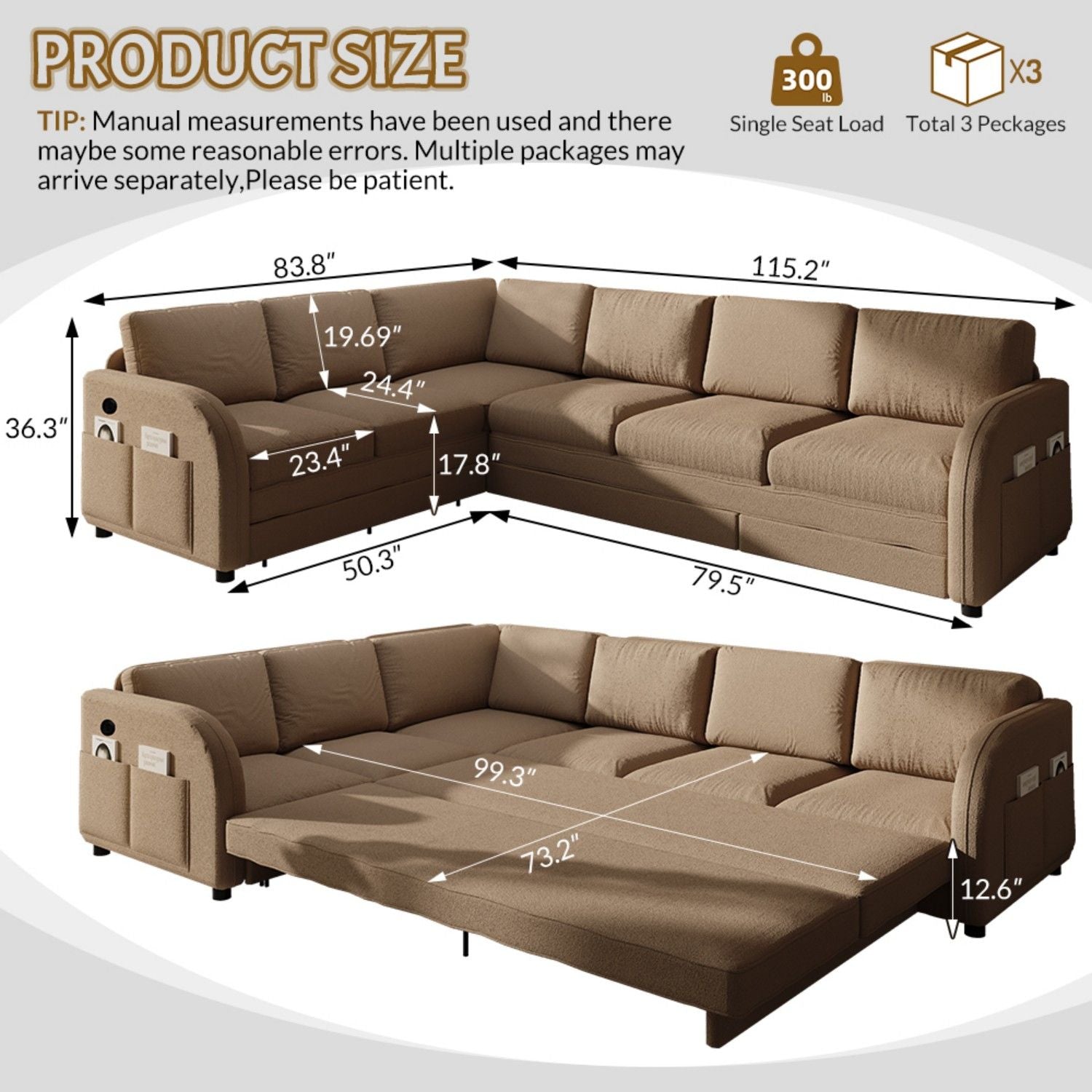 L-Shaped Couch With Pull-Out Bed, Convertible Sleeper Sofa With Side Pocket & USB Port Home Essentials