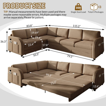 L-Shaped Couch With Pull-Out Bed, Convertible Sleeper Sofa With Side Pocket & USB Port Home Essentials