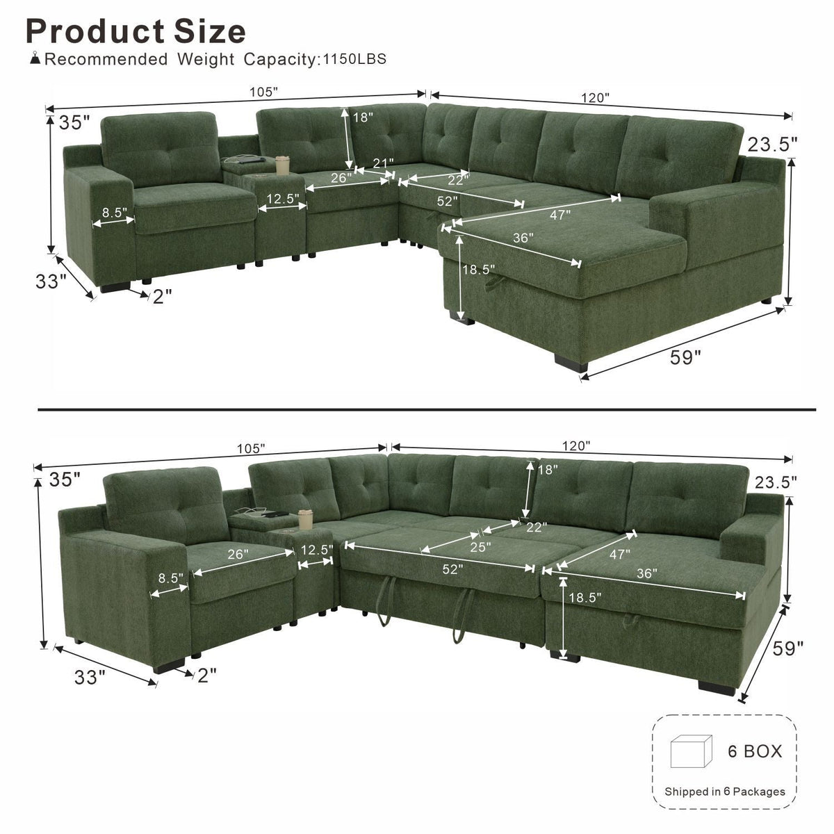 U - Shape Sectional Pull Out Bed With Console, Storage, And USB Charging Home Essentials