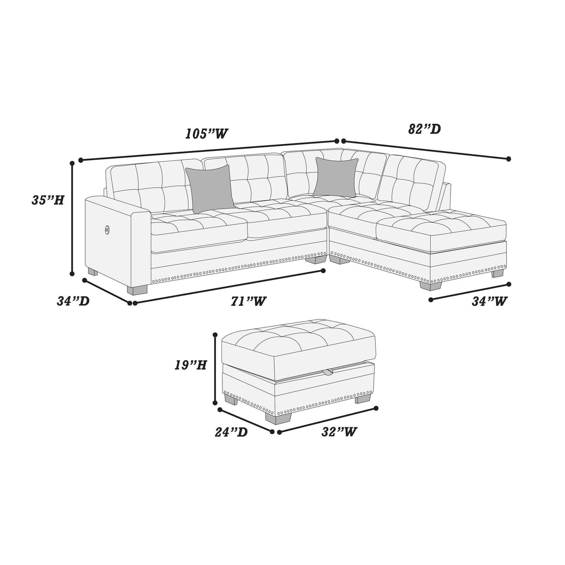 L - Shaped Sectional Sofa Set With Storage Ottoman, Tufted Upholstery Nailhead Trim Home Essentials