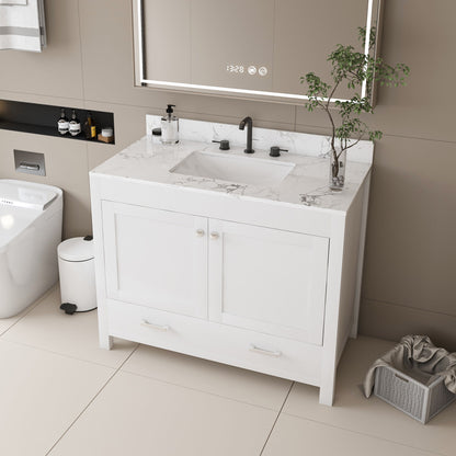 43" Bathroom Vanity With Artificial Marble Carrara Top Set, Multi Functional Bathroom Cabinet With Doors And Drawer - White Home Essentials