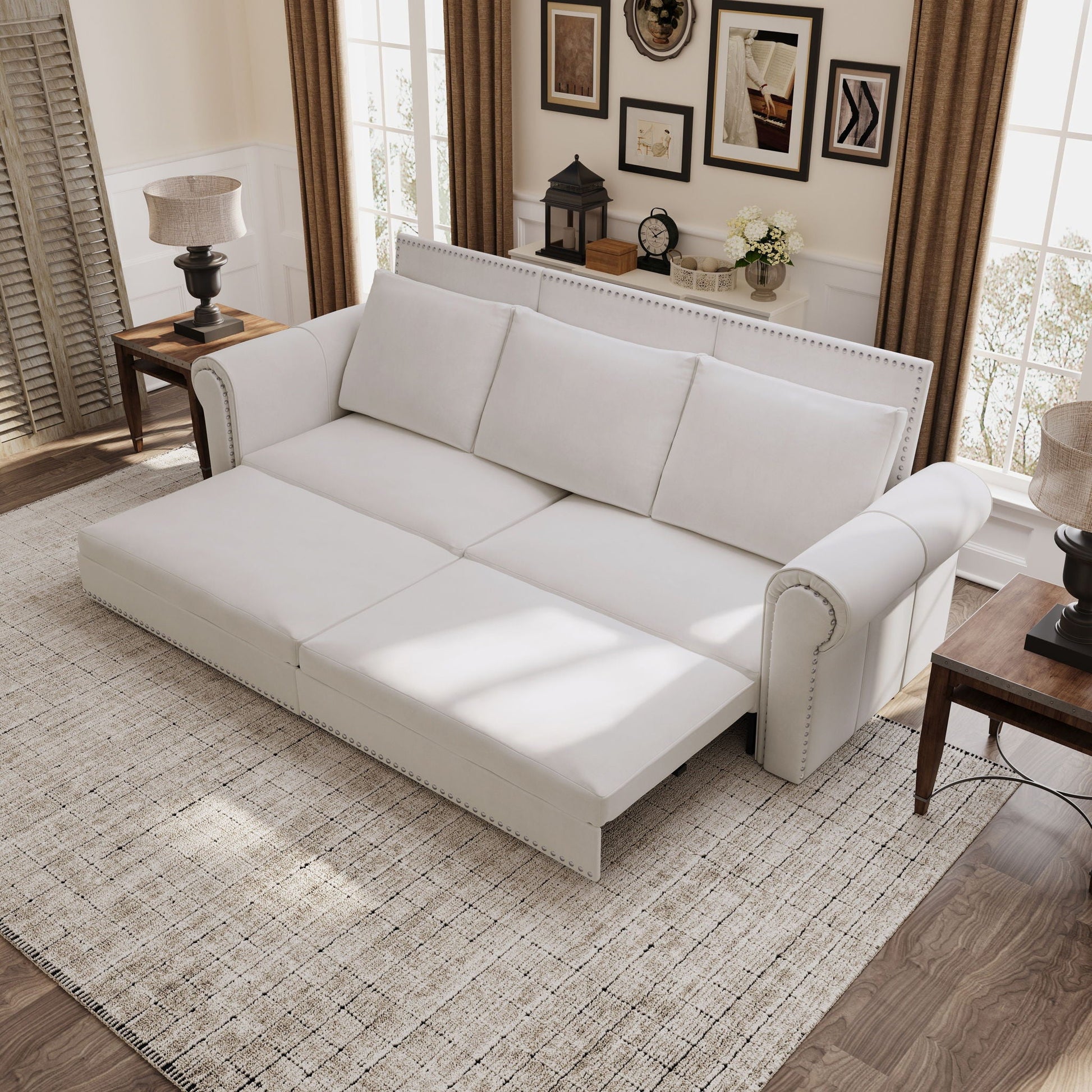 3 In 1 Convertible Sleeper Sofa With Nailhead Trim & Rolled Arm Home Essentials