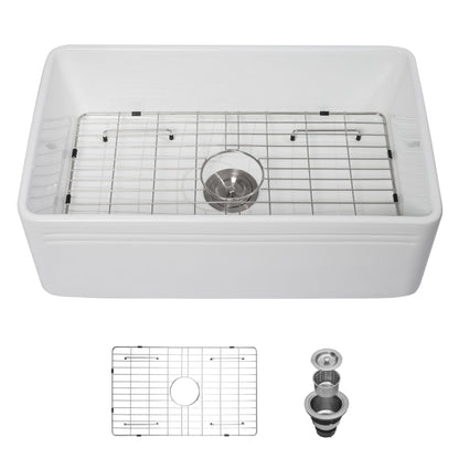 Sink 30" Apron Front Reversible Single Bowl Kitchen Sink With Grid And Strainer - White Daily Nest