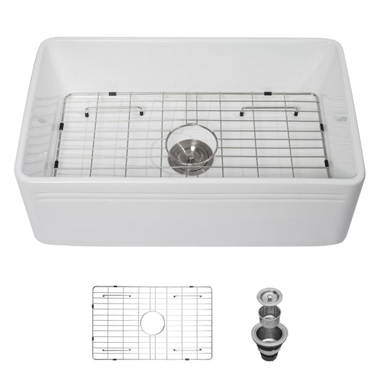 Sink 30" Apron Front Reversible Single Bowl Kitchen Sink With Grid And Strainer - White Daily Nest
