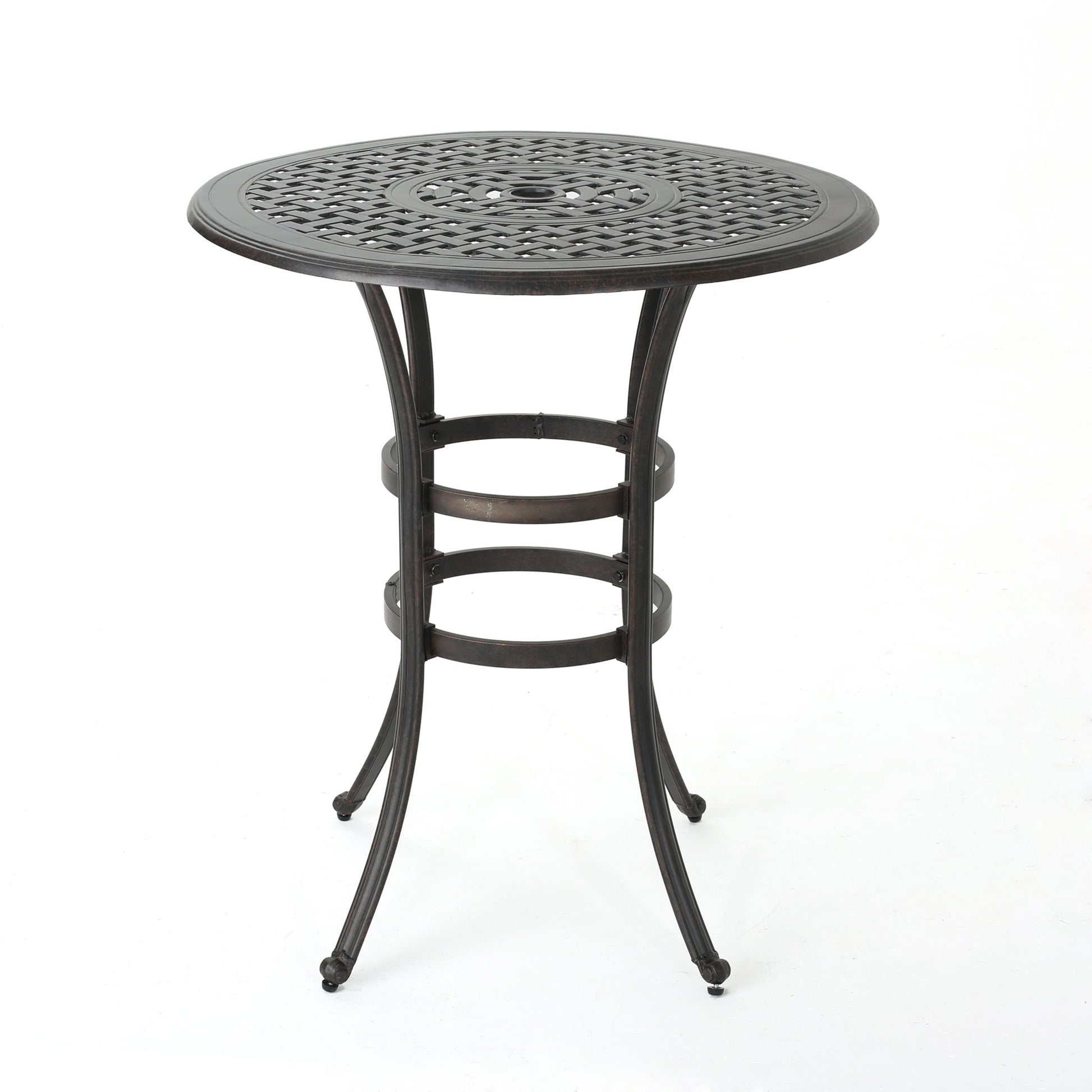 Traditional Style Cast Aluminum Bar Table With Lattice Design And Umbrella Holder - Bronze Noble House