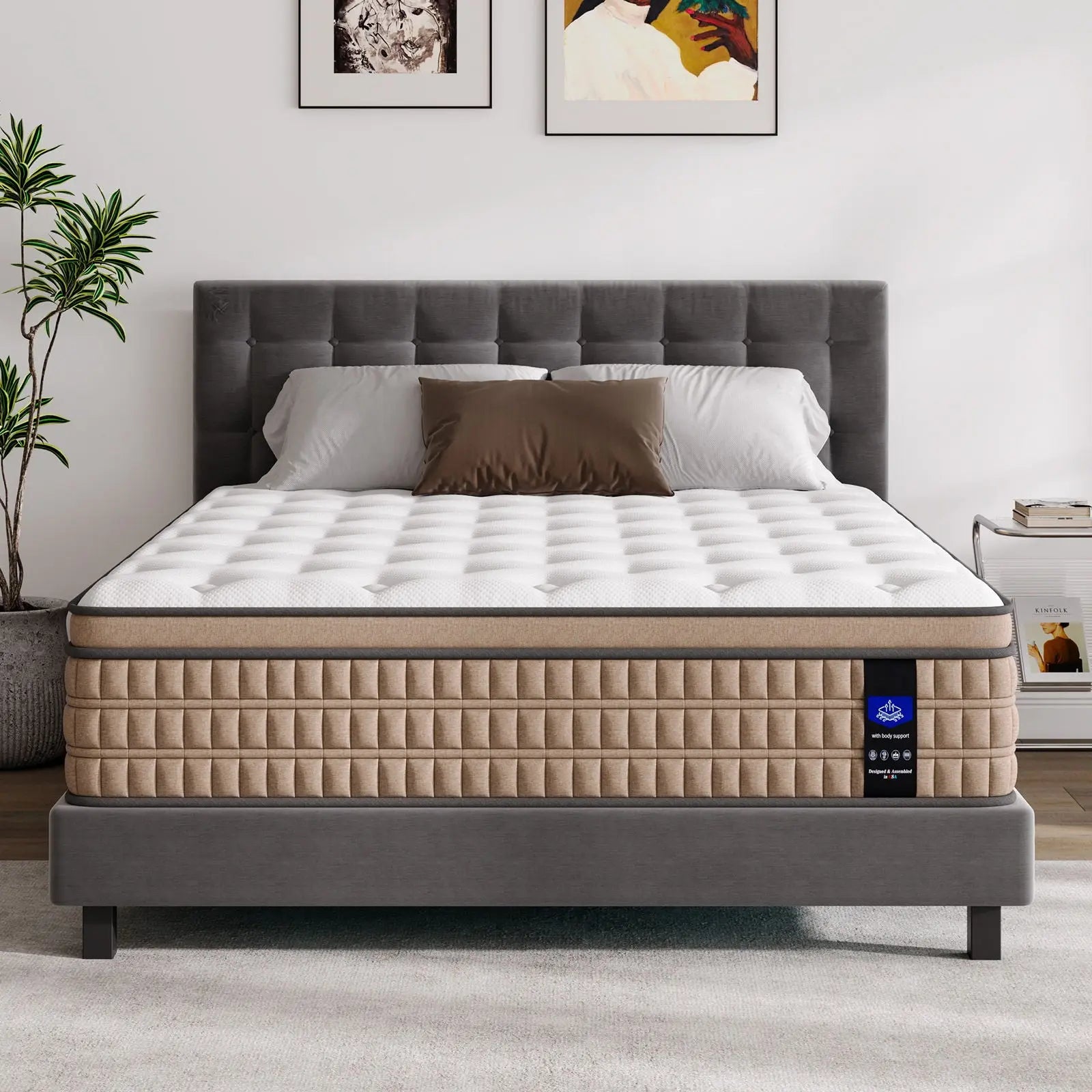 14" King Mattress Hotel Collection Hybrid Mattress With Gel Memory Foam & Pocket Springs - Brown / White Somnus Mattress USA