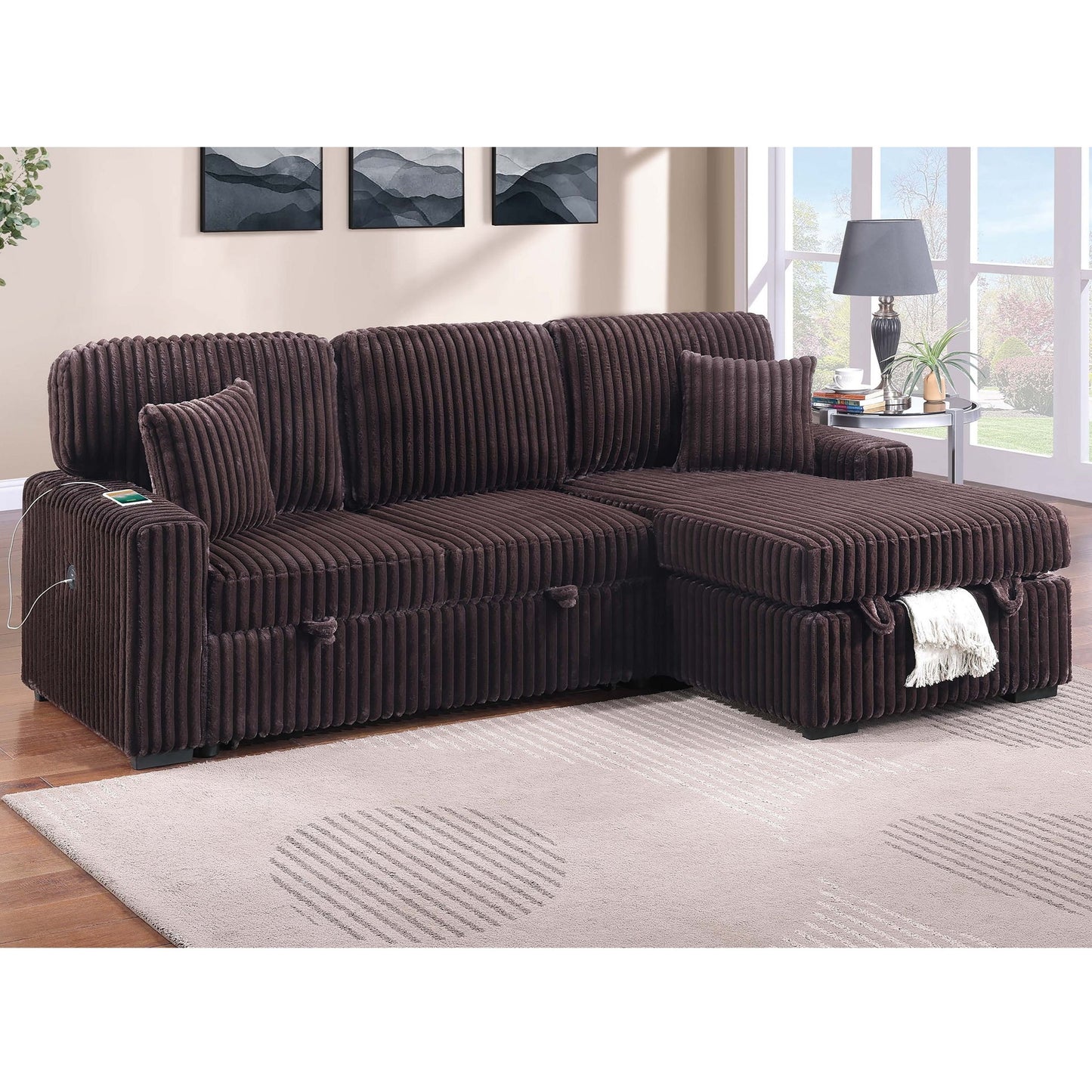 Convertible Sectional Upholstered Sleeper Sofa With Storage Chaise Home Essentials
