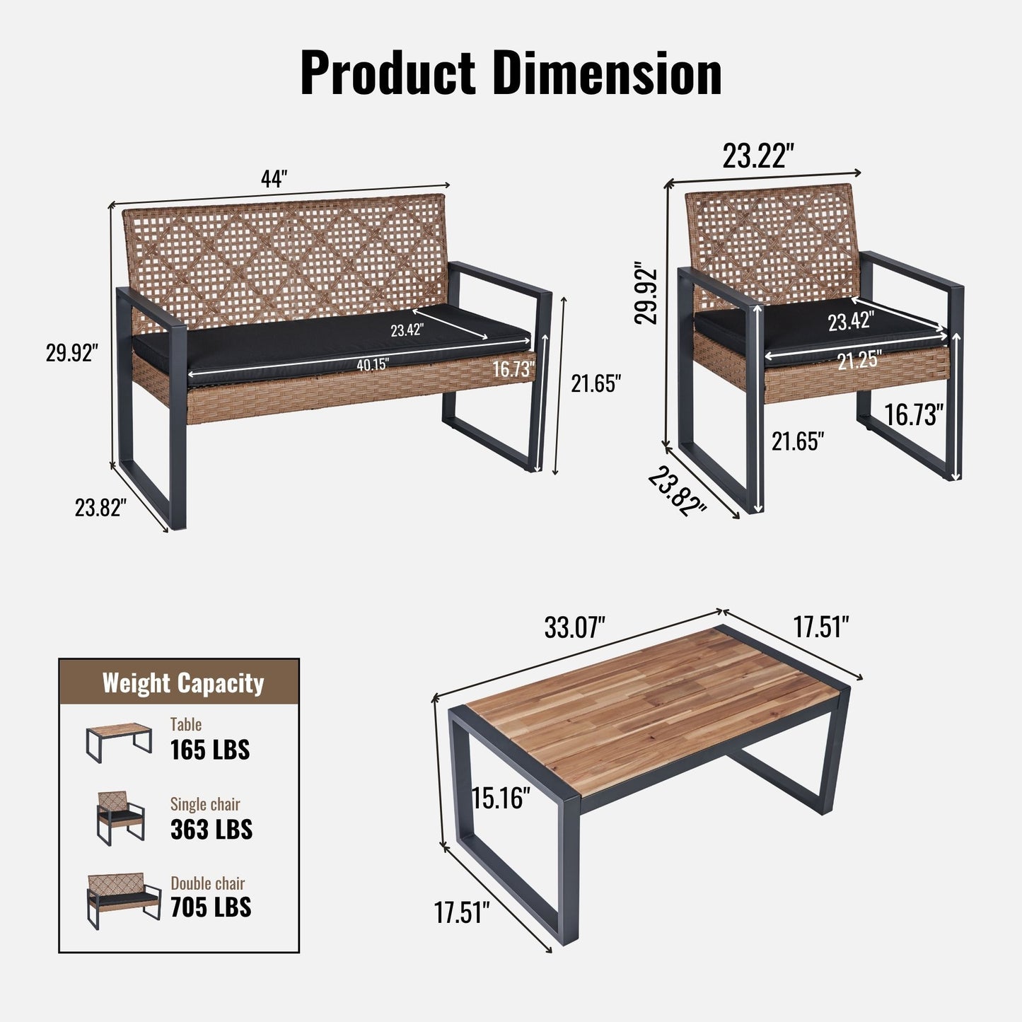 4 Piece Patio Furniture Set With Acacia Wood Table Top And Cushions Home Essentials