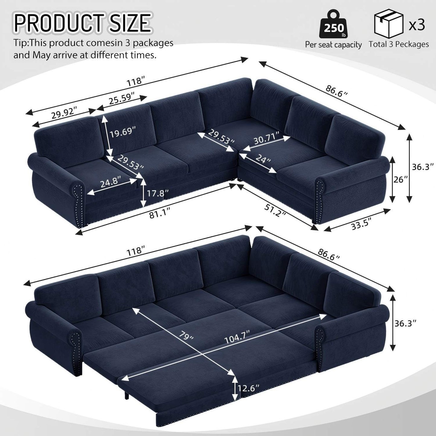 L-Shaped Sofa Couch With Pull Out Bed With Nailhead Trim & Rolled Arm Home Essentials