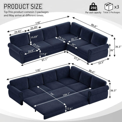 L-Shaped Sofa Couch With Pull Out Bed With Nailhead Trim & Rolled Arm Home Essentials