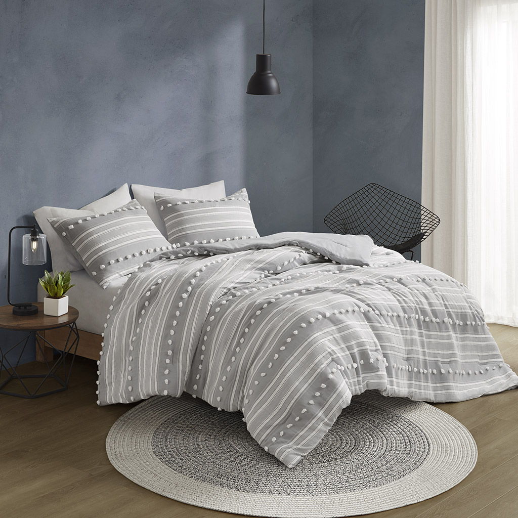 Rowan - Striped Clipped Jacquard Queen Duvet Cover Set - Gray