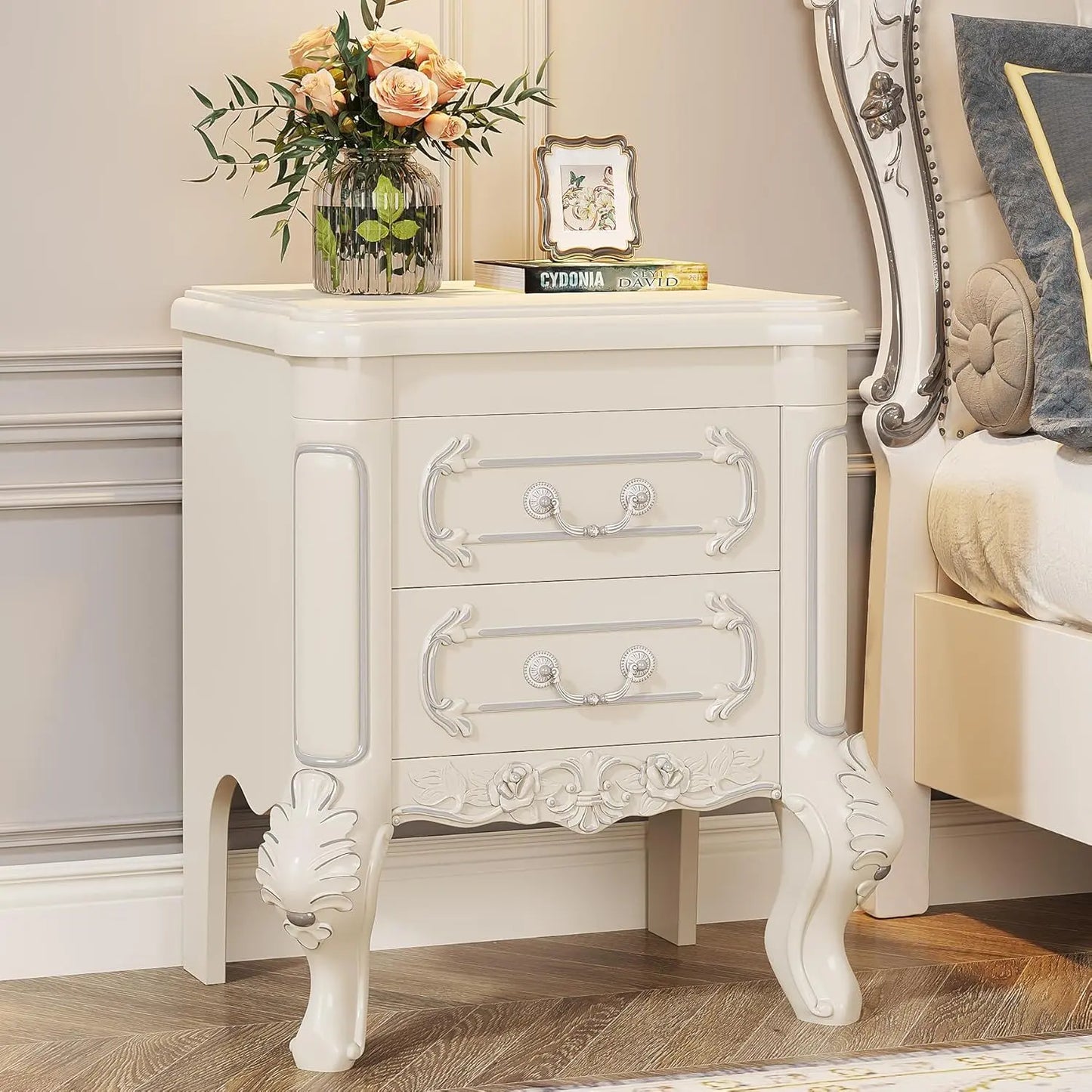 Carved Nightstand With 2 Drawers, Bedside Table - White Home Essentials