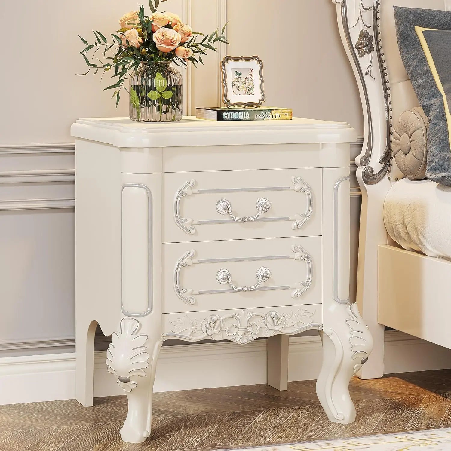 Carved Nightstand With 2 Drawers, Bedside Table - White Home Essentials