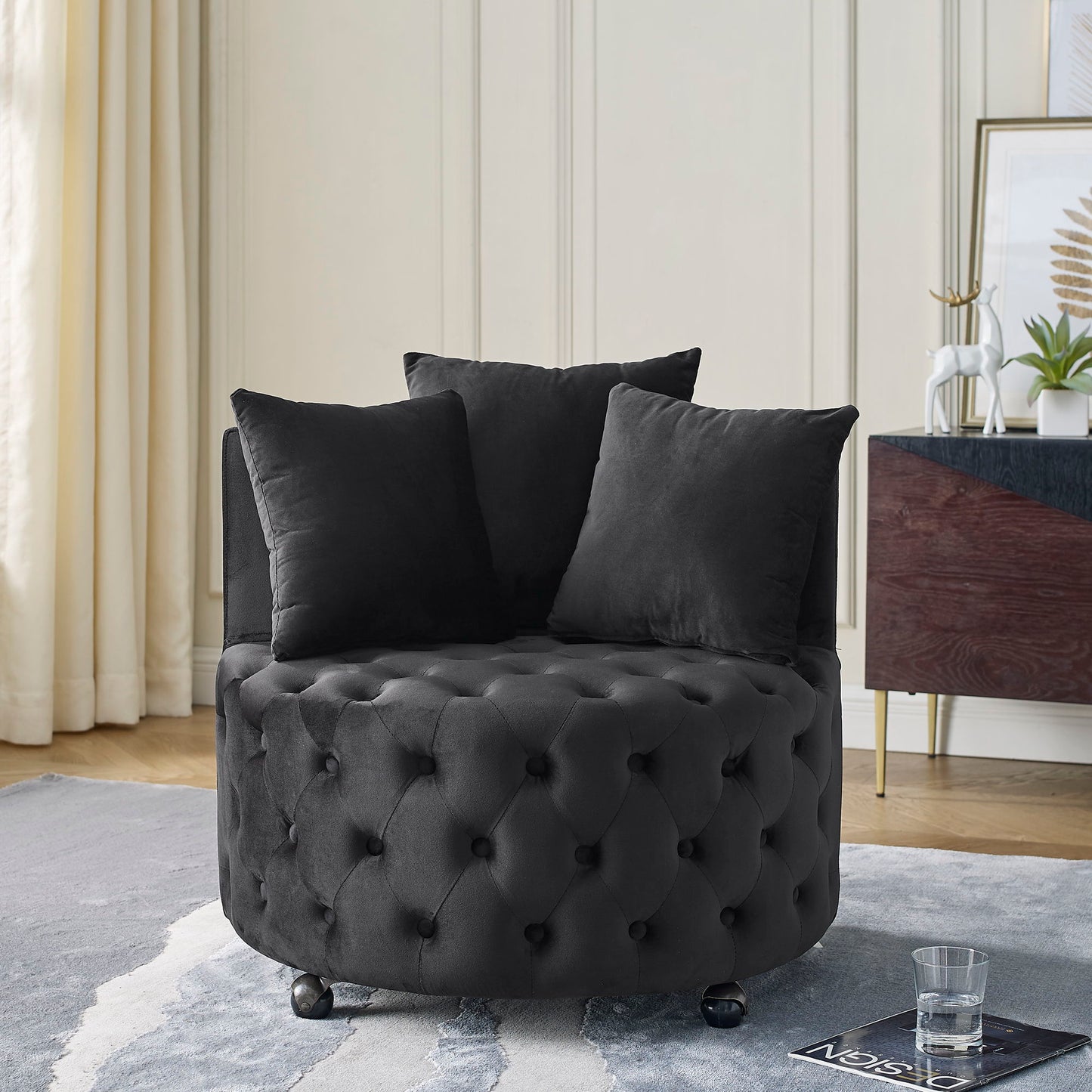 Modern Upholstered Swivel Chair With Button Tufted Design And Movable Wheels Home Essentials