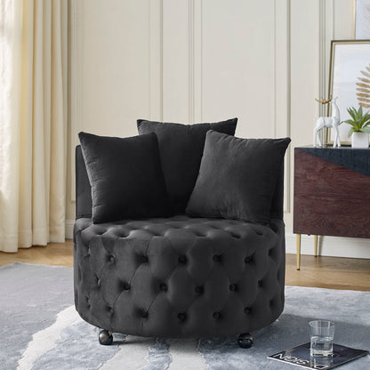 Modern Upholstered Swivel Chair With Button Tufted Design And Movable Wheels Home Essentials