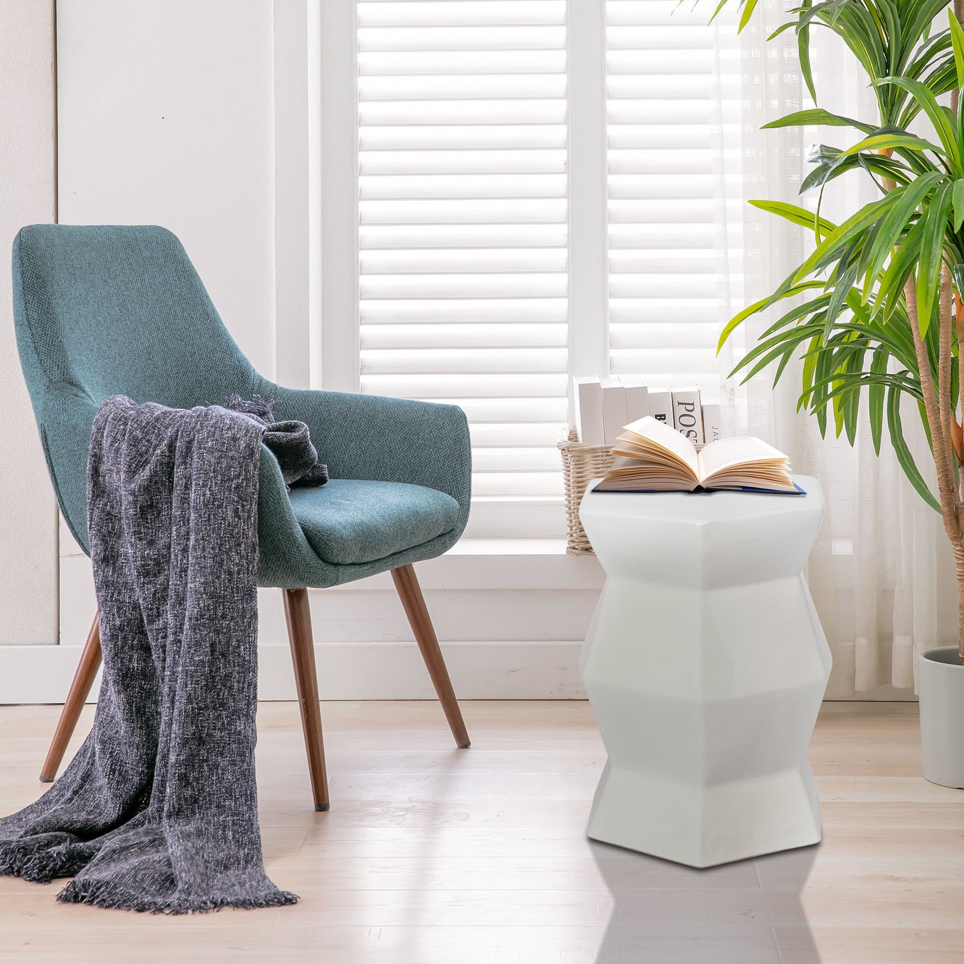 Contemporary Ceramic Drum Stool Indoor / Outdoor Side Table Glazed Accent Garden Stool - White Home Essentials