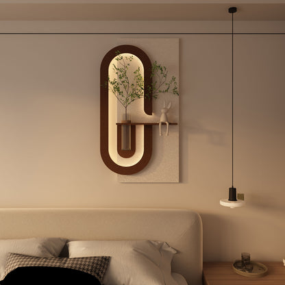 Adjustable LED Sandstone Wall Decor With Simulated Plants 3D Art Sculpture, Glass Vase & Rabbit Statue, Remote Control - Light Coffee Daily Nest