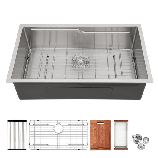 33" Undermount Kitchen Sink Single Bowl Ledge Workstation In 16 Gauge Stainless Steel - White Daily Nest