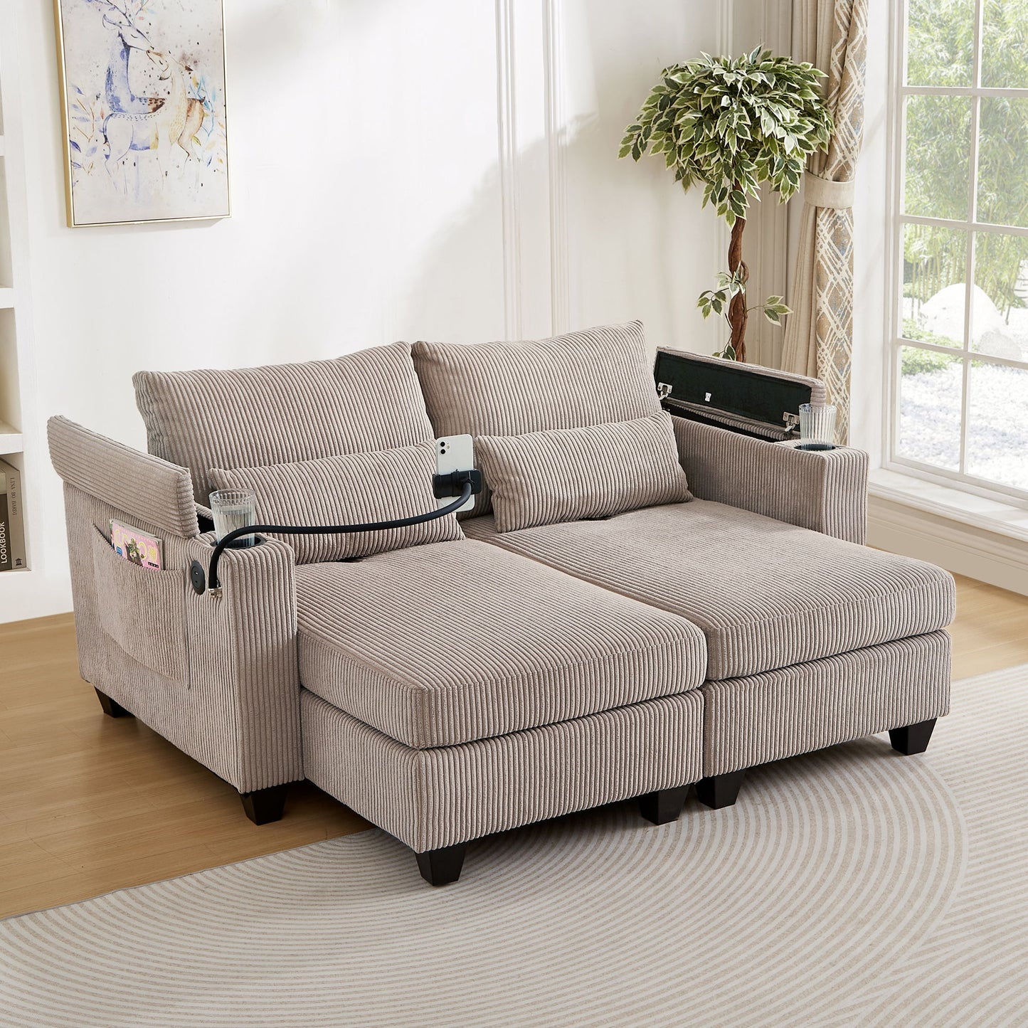 Convertible Chaise Lounge Sofa Chair With USB Ports, Cup Holders, Phone Holder And Storage Hearth and Haven