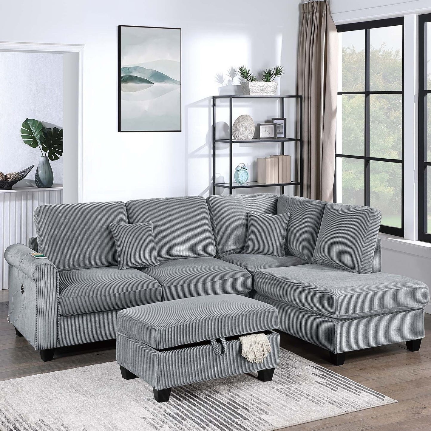 Contemporary Sectional Set With Right Arm Chaise, Left Arm Sofa With USB Port, Storage Ottoman Home Essentials