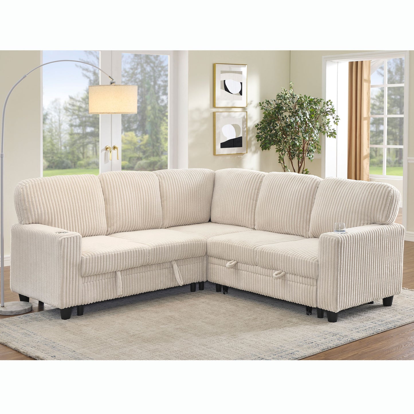 L-Shaped Sofa With Pull Out Sofa Bed With USB Home Essentials