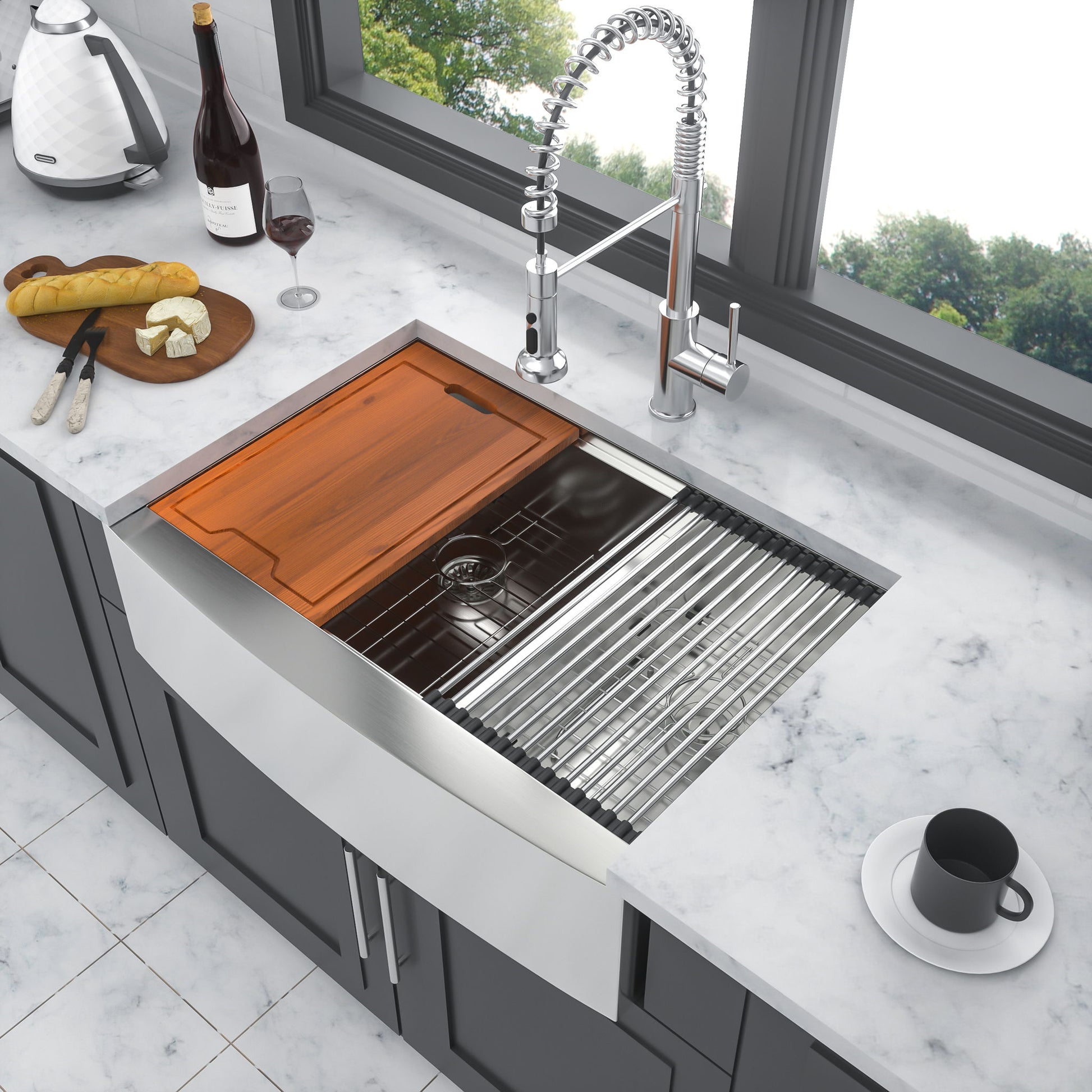 Double Bowl Farmhouse Sink Workstation 33" Stainless Steel 16 Gauge Apron Front - Black / Gray Daily Nest
