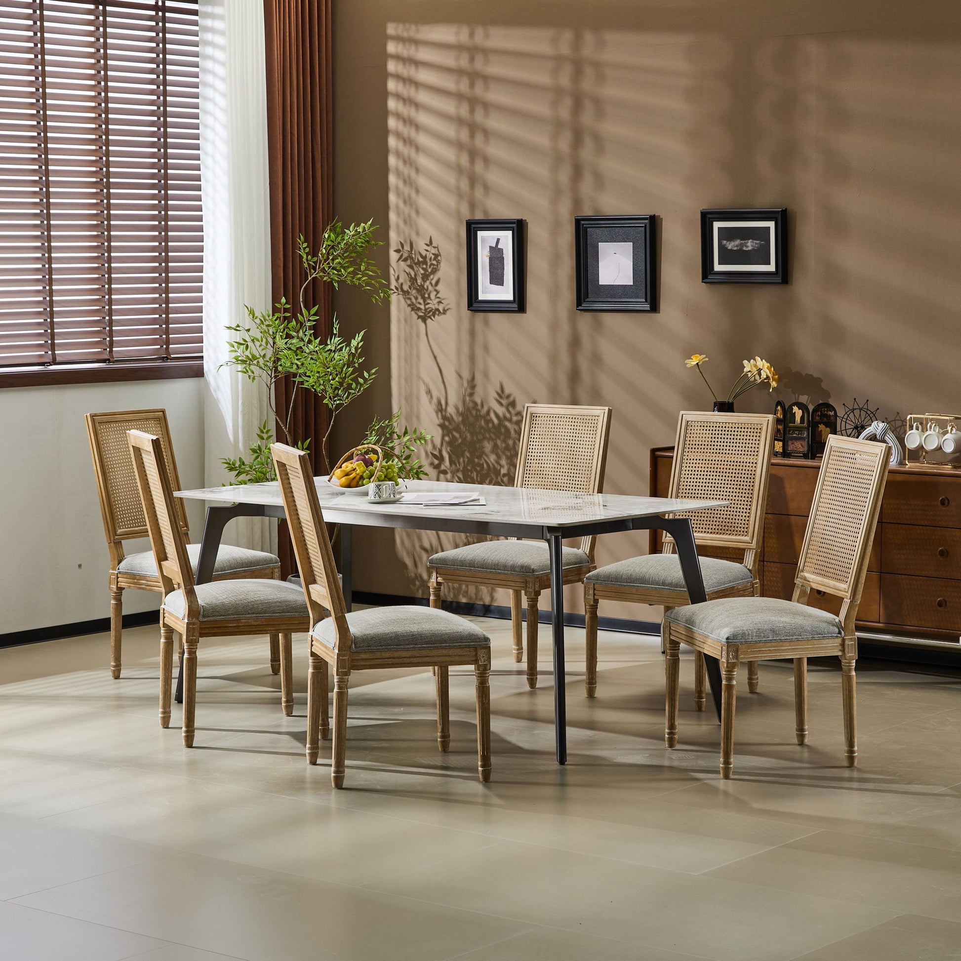 French Country Dining Chair With Rectangular Cane Backrest And Smooth Upholstered Seating Noble House