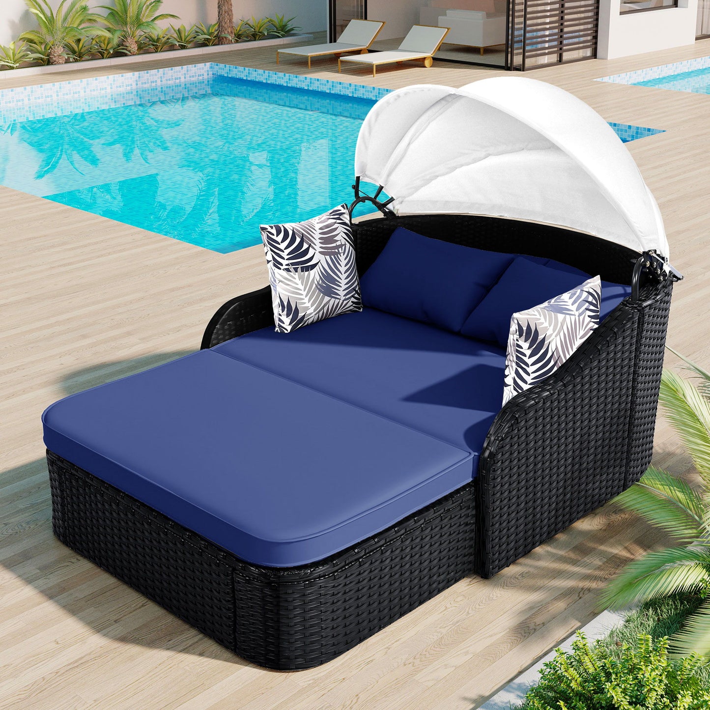 Outdoor Sunbed With Adjustable Canopy, Daybed With Pillows, Double Lounge, PE Rattan Daybed Hearth and Haven