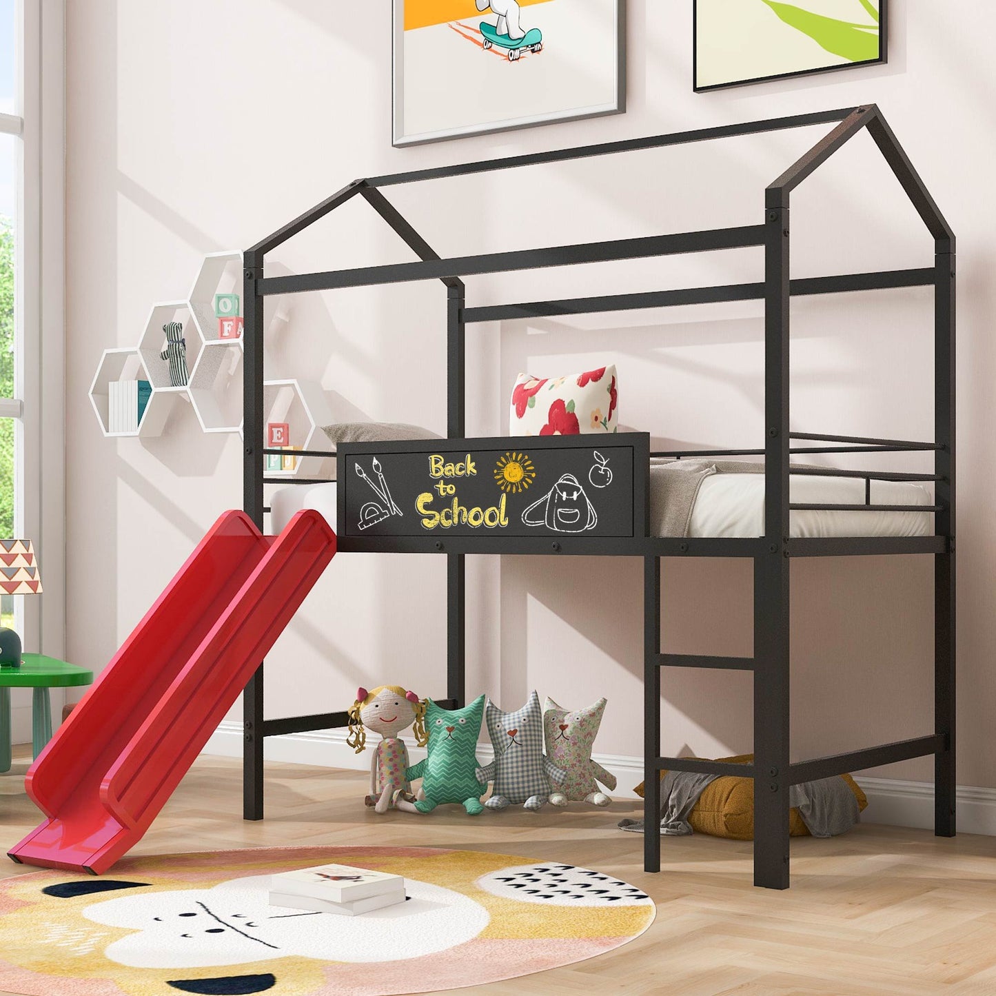 Twin Metal Loft Bed With Slide And 2 Sided Writable Wooden Board - Black DreamHaus