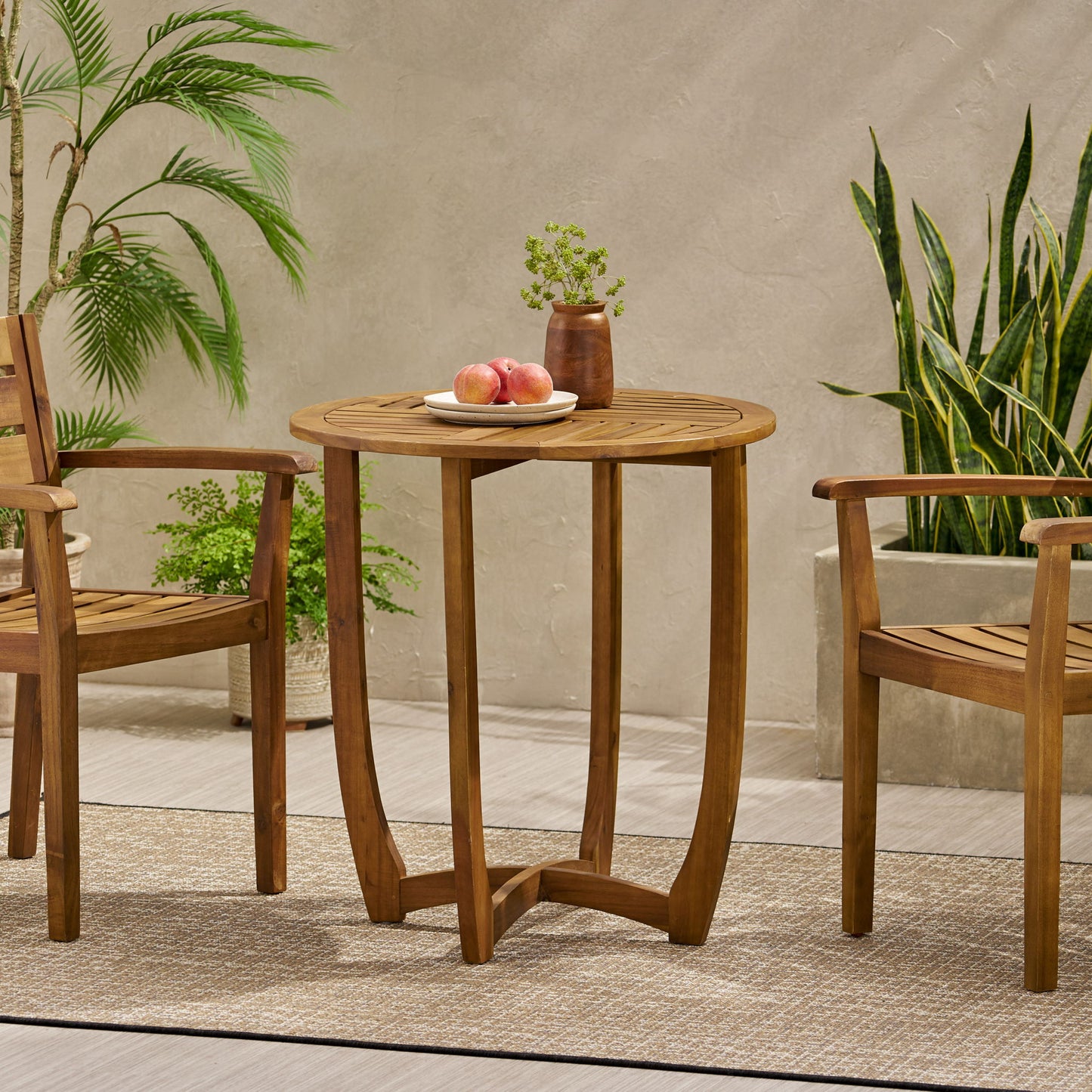 Outdoor Circular Wood Bistro Table With Curved Legs And Slat Panel Table Top - Teak Noble House