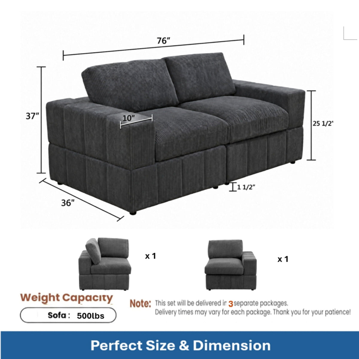 Oversized Modular Loveseat, 2 Piece Living Room Sofa Set - Dark Gray Home Essentials