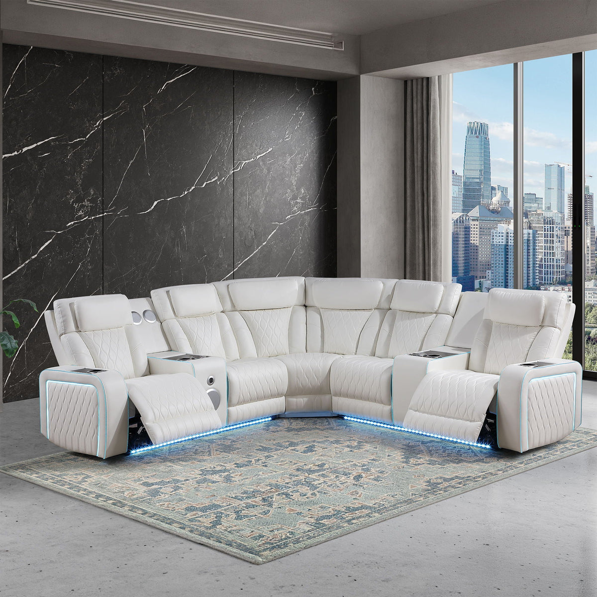Electra - Power Recliner Sectional Sofa With Power Headrests, Console Loveseats, Wedge, LED Light Strip, Speakers Matrix Furniture Group