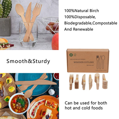 Wooden Compostable Utensils Set 300 Pieces 100 Forks 100 Spoons 100 Knives Sturdy Wood Disposable Cutlery Eco Friendly Biodegradable Utensils For Party Free From Plastic Cutlery Set For Eating - Natural Wood Daily Nest