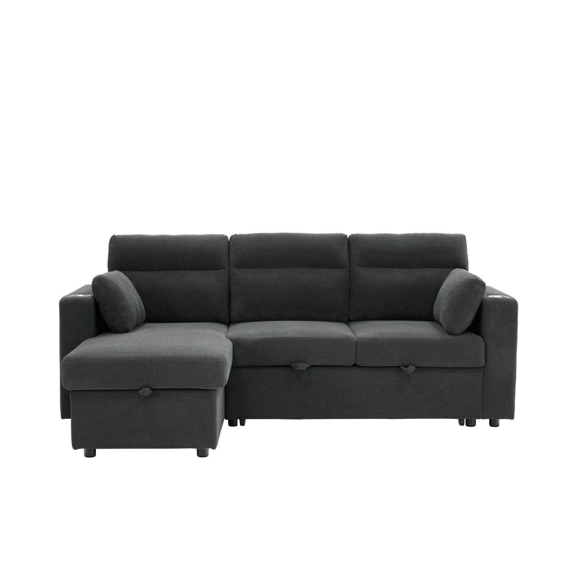 Convertible L - Shaped Sectional Sofa Bed With Storage Chaise, Cup Holders Home Essentials