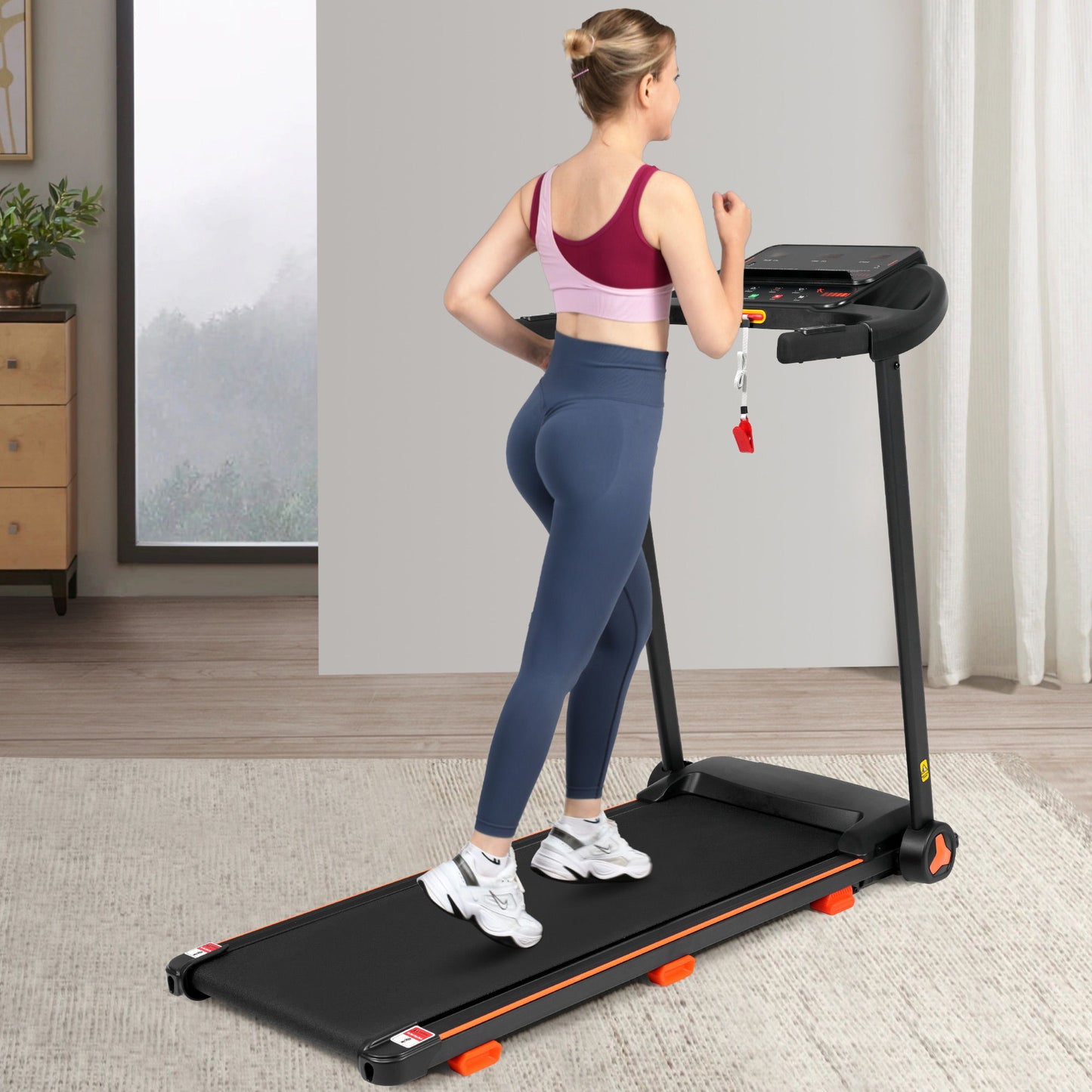 2.5Hp Quiet Folding Treadmill With Heart Rate Sensor, 300Lbs Weight Capacity, With USB Charge Station For Android & Bluetooth Speaker, 6 Shock Absorbing - Black Daily Nest
