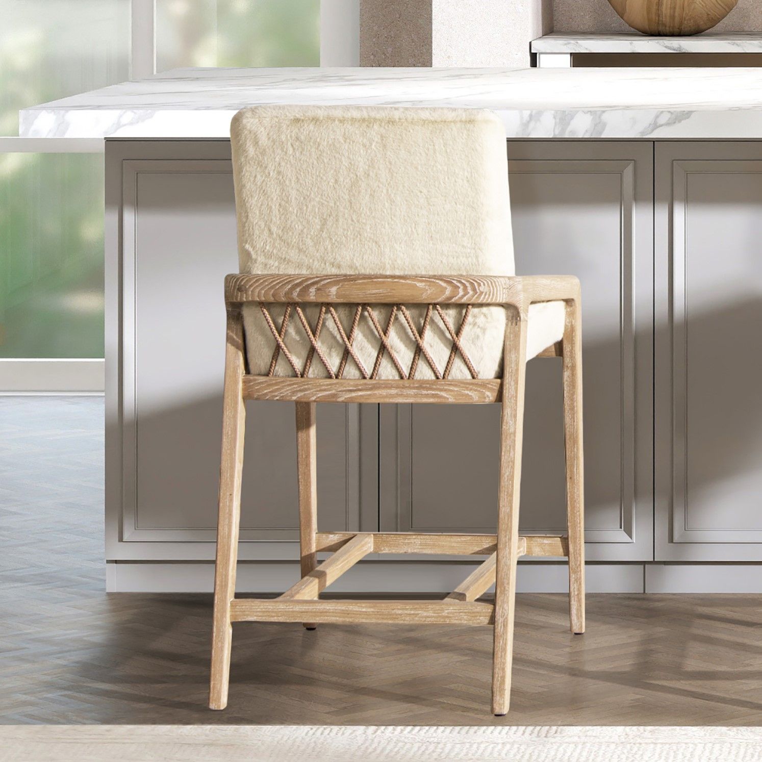 Arizona - Solid Ash Upholstered Counter Stool With Rope Detail - Creme De La Creme White Jennifer Taylor Home