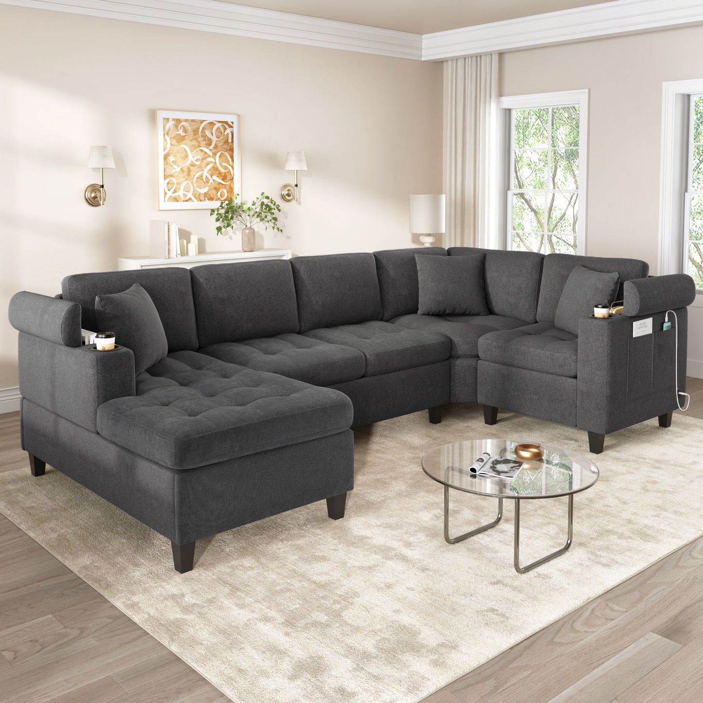 U Shaped Sectional Sofa, Corner Living Room Couch With Built In Cup Holders, Storage, USB Ports Hearth and Haven