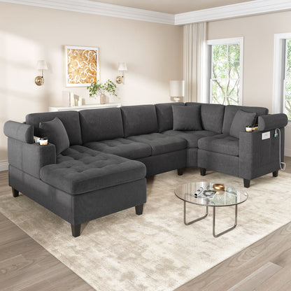 U Shaped Sectional Sofa, Corner Living Room Couch With Built In Cup Holders, Storage, USB Ports Hearth and Haven
