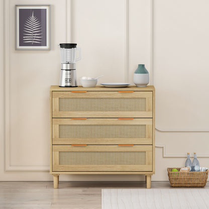 3 Drawer Storage Cabinet With Rattan Drawers For Bedroom, Living Room - Oak Home Essentials