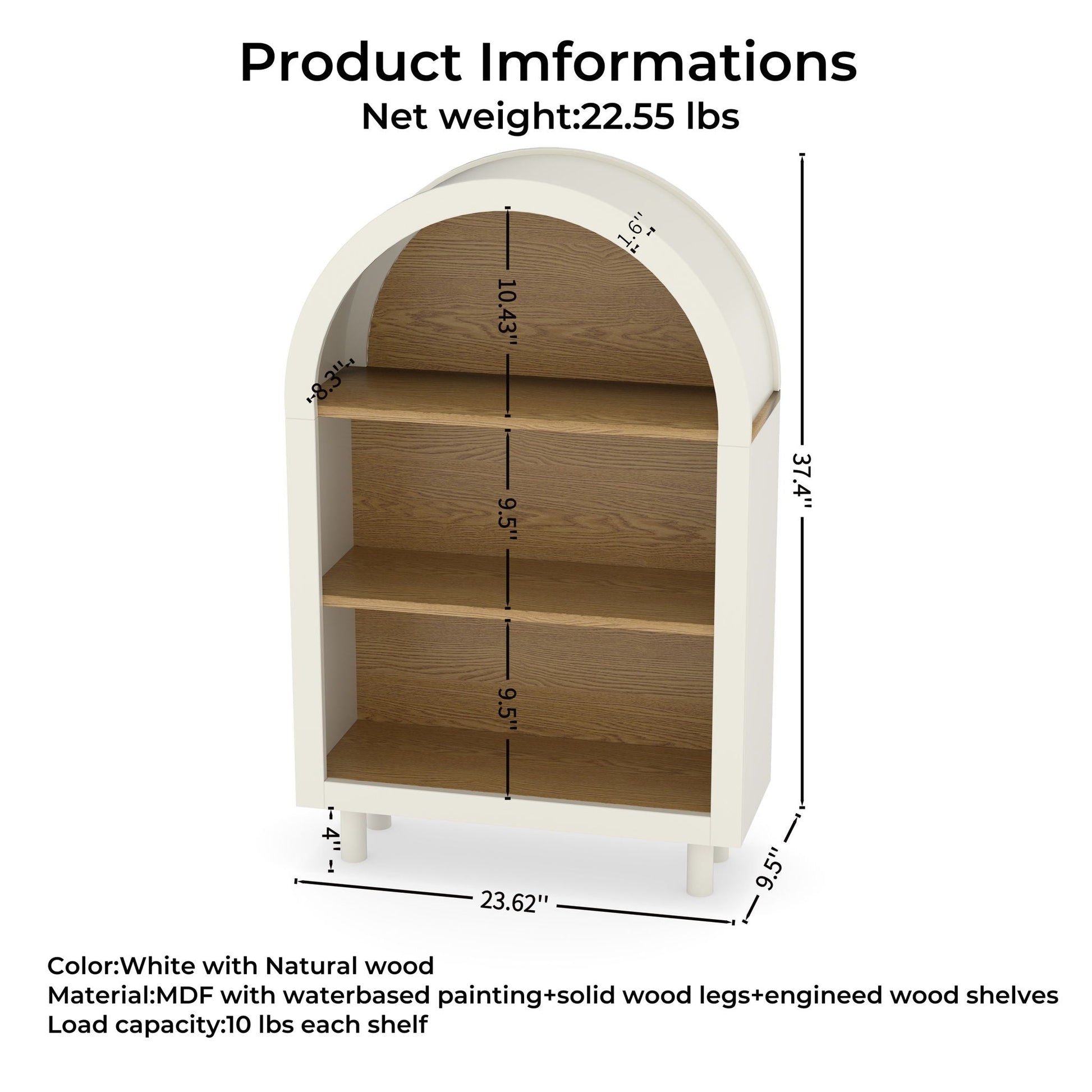 Arched Small Bookcase, Storage Cabinet, Bookshelf With 3 Shelves For Living Room - Oak / White Home Essentials