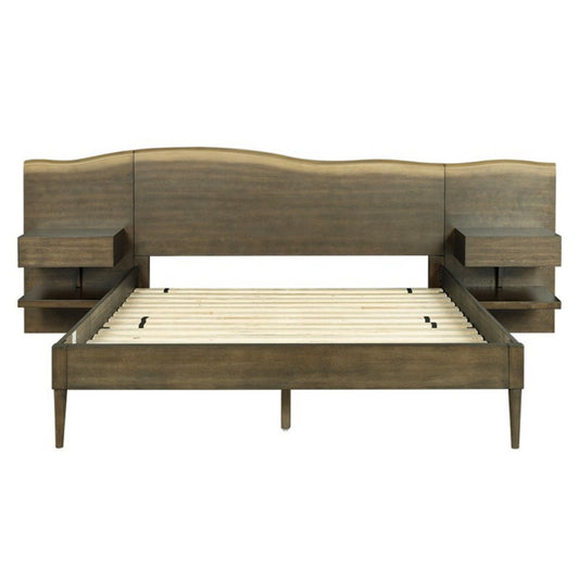 Queen Size Platform Bed Frame With Live Edge Headboard, Built In Nightstands - Dark Brown JLA
