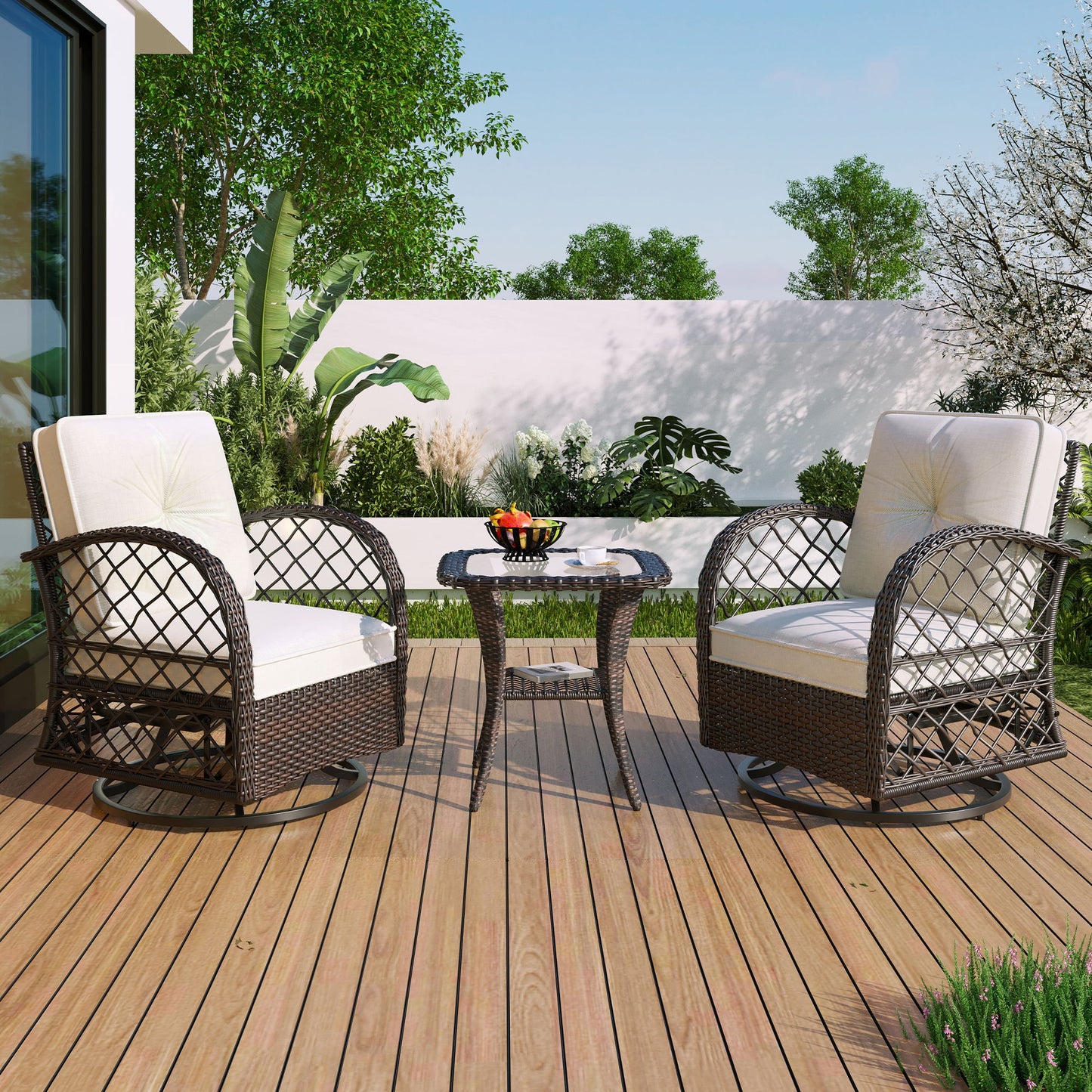 3 Piece Outdoor Chair & Table Set Chat Set, 2 Person Rattan Seating Group Hearth and Haven